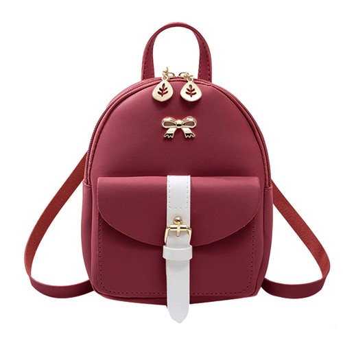 Women Preppy Style Hit Color Bow Leaf Mini Shoulder Bag Cute Leather Backpack - Picture 9 of 21