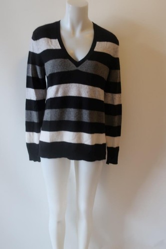 Gray Striped V-Neck Cashmere Sweater 