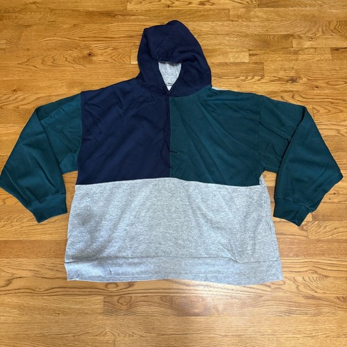 Vintage Basic Editions Sweatshirt Adult Blue Gray Green Color Block Hoodie XL