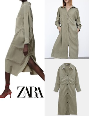 Zara Green Linen Blend Shirt Dress with Pockets Size M