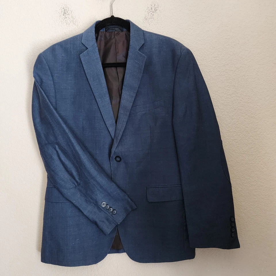 Andrew Marc Blazer 38S Wool Linen Sports Coat Elbow Patch Double Vent Blue - Image 2 of 4