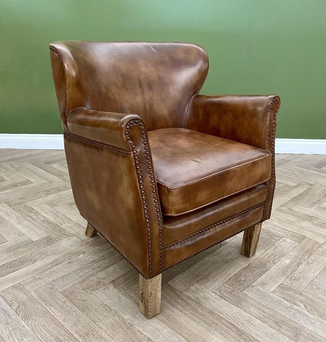 100% Real Genuine Leather Tub Aviator Wing Accent Arm Chair Brown