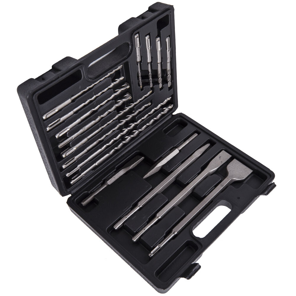 17Pcs SDS Plus Rotary Hammer Drill & Chisel Bit Set Masonry Concrete Tile Brick