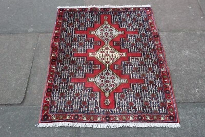 Vintage Main Fabriqué Traditionnel Oriental Laine Bleu Red Petit Tapis 100x72cm - Photo 1/4