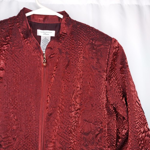 Laura Ashley Satin Jacket Women Petite Medium Red Metallic Textured Floral Zip - Picture 4 of 7