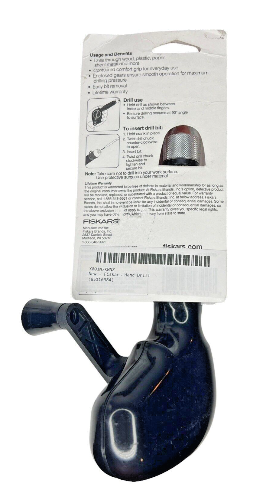 Fiskars Black Hand Drill Manual Rotary Crank with 1/4" Chuck Hobby