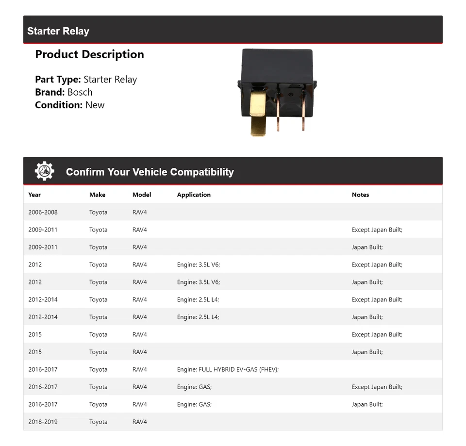 Relé de arranque para Toyota RAV4 2006-2019 Bosch 2007 2008 2009 2010 2011 2012 2013 Foto 2 de 4