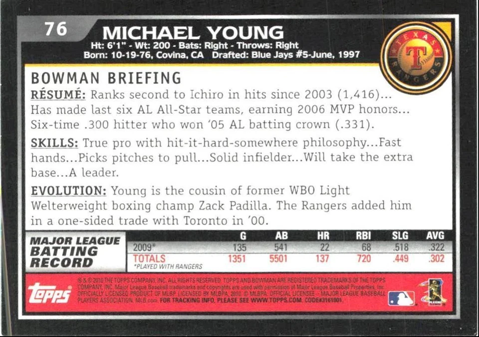2010 Bowman Michael Young Texas Rangers #76 - Image 2 of 2