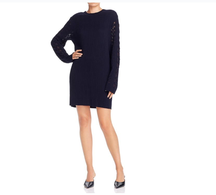 NEW See by Chloe Crochet-Trimmed Ribbed-Knit Dress in Navy - Size M #D3781