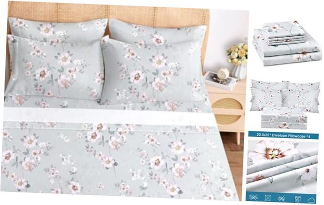 Sheet Set 6 Pieces (Grey Plum Flower), Cottage Core Queen Flower - Plum