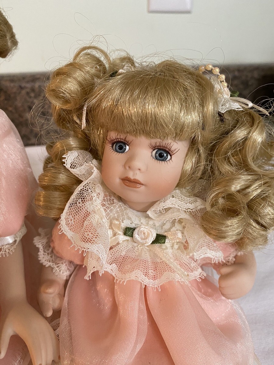 Porcelain Sitting Doll & Sister Blonde Curly Hair Pink Dress With Lace & Beads | eBay Porcelain Sitting Doll & Sister Blonde Curly Hair Pink Dress With Lace & Beads | eBay