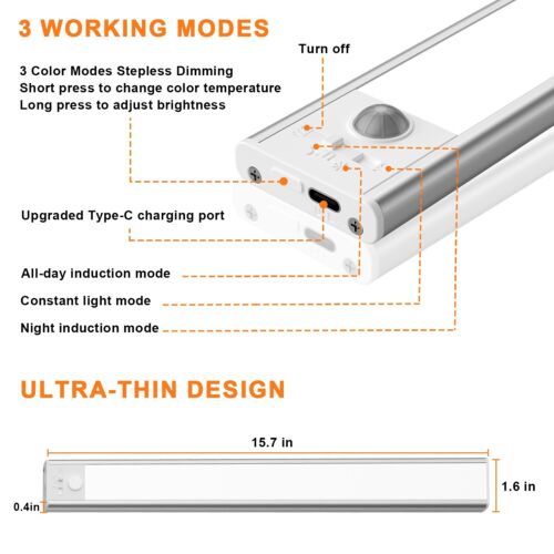 40cm LED Cabinet Light w/ Motion Sensor 3000mAh Closet Lights- 3 Lighting Modes - Picture 8 of 9