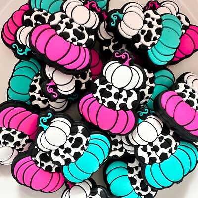 Halloween Stacked Pumpkins Cow Print Pink Teal Fall Pumpkin Tower Silicone Focal