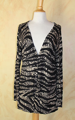Chico's -Sz 2 L Funky Fun Animal Print Art-to-Wear Lightweight Knit Cardigan 