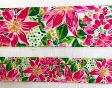 Pretty pink green flowers floral Grosgrain ribbon leaves 7/8" 1.5"