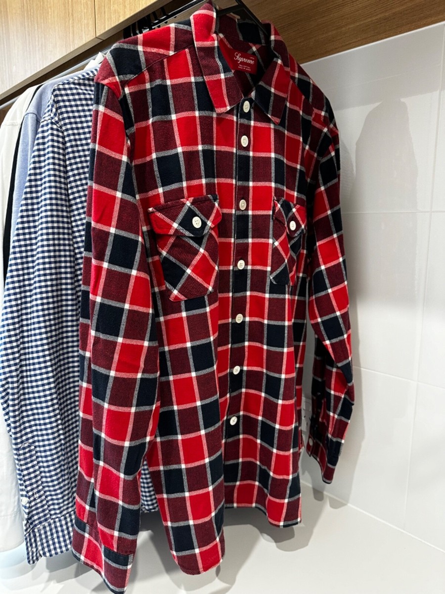 SUPREME BUTTON UP LONG SLEEVE SHIRT L RED BLACK CHECKERED box logo cdg