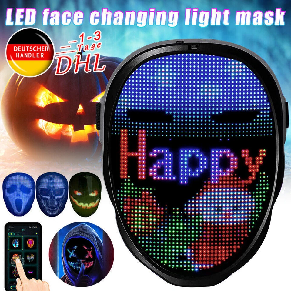 LED Maske Bluetooth Programmierbar App Party Halloween LED Beleuchtung Maske