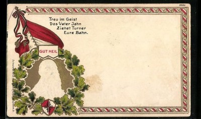 Embossed Lithograph Portrait Gymnastics Father Jahn in Oak Wreath with Flag and Coat of Arms 
