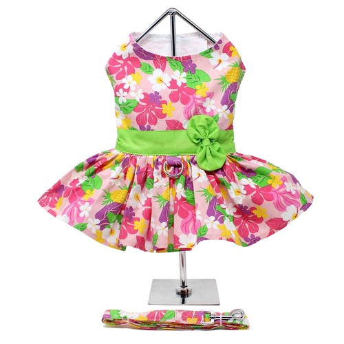 Pink Hawaiian Floral Dog Harness Dress with Matching Leash (Medium)