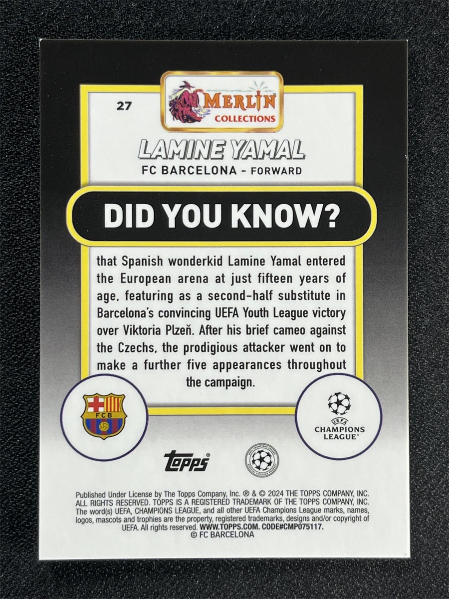 2023-24 Topps Merlin Chrome UEFA Lamine Yamal #27 Aqua Refractor Rookie RC /199 view 2