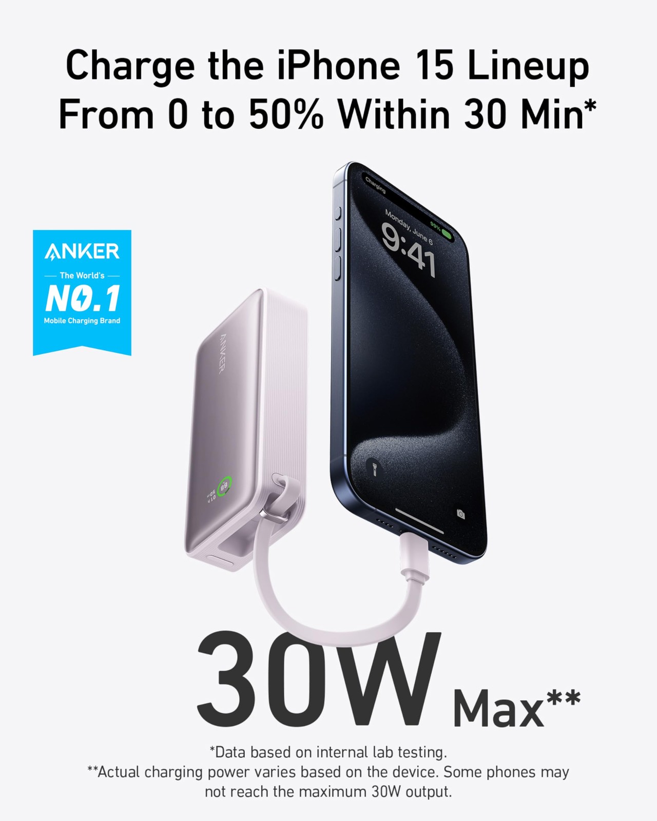 Anker Nano Power Bank| 10,000mAh Portable Charger with Built-In USB-C Purple view 2