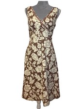 BODEN 100% Cotton Brown Tan Cream Floral Midi Dress V-Neck Sleeveless Sz US 8