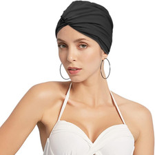 Women Swim Bathing Cap Pre-Tied Knot Swimming Cap Beanie Long Short Hair Non-Sli