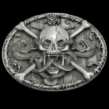 Heavy Metal Skull Snakes Crossbones Rose Belt Buckle Vintage Western Style