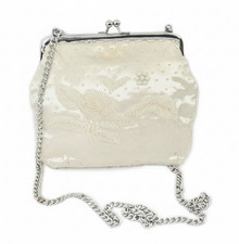 Vintage Remco of California Clutch Ivory Iridescent Beaded Satin Silver Chain