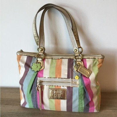 Coach Poppy Heritage Legacy, Multi-colored Striped Canvas Tote Bag w/Sequins