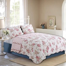 3-Piece Romantic Cottage Peachy Pink Peony Shabby Chic Chintz Floral Stripe C...