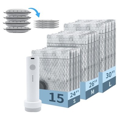 15PCS Vacuum Storage Bags with Rechargeable Pump S/M/L Bags for Clothing&Travel