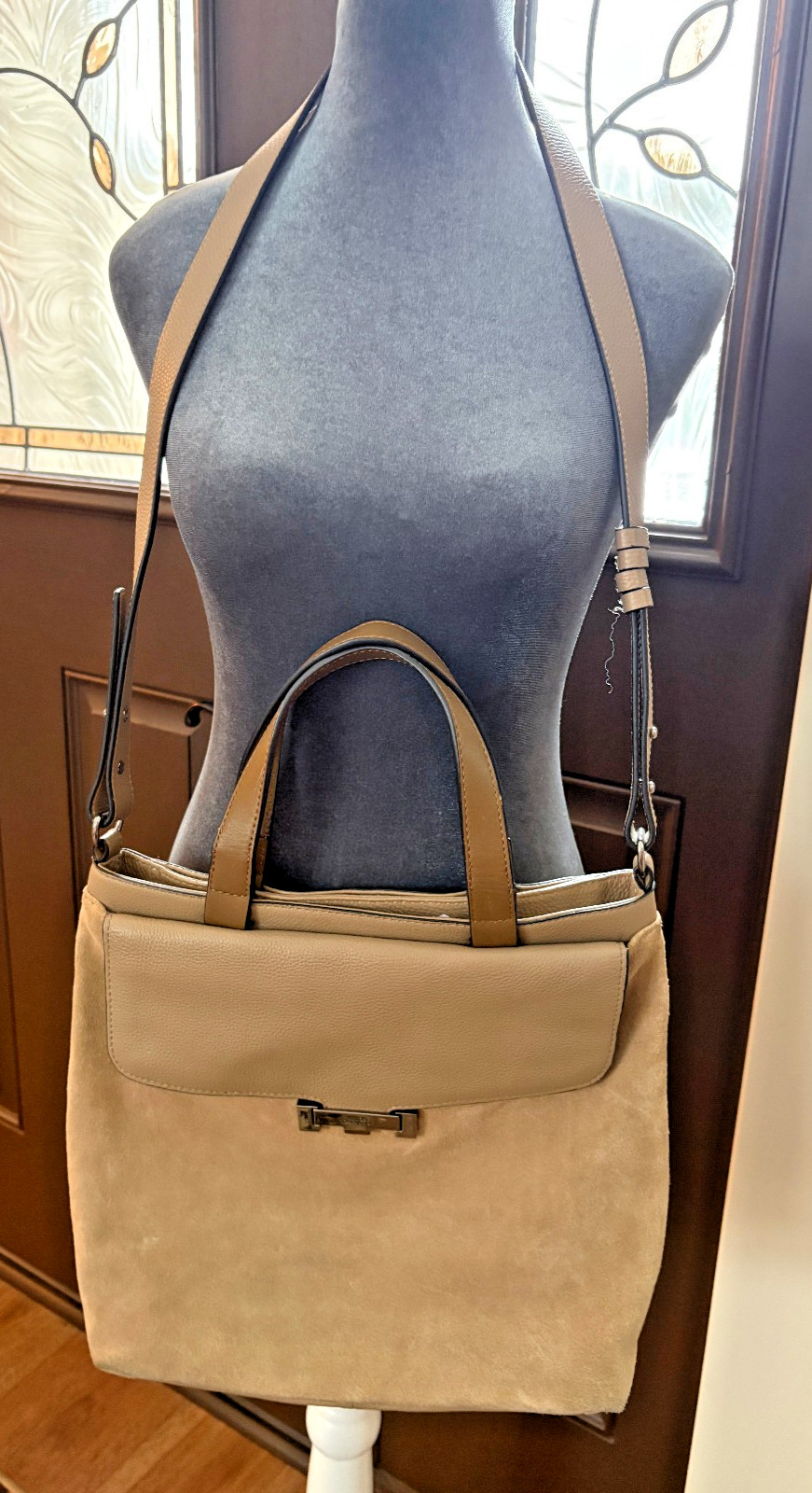 Vince Camuto Vivia Leather Suede Crossbody Tote Bag Sahara Sand Purse Handbag