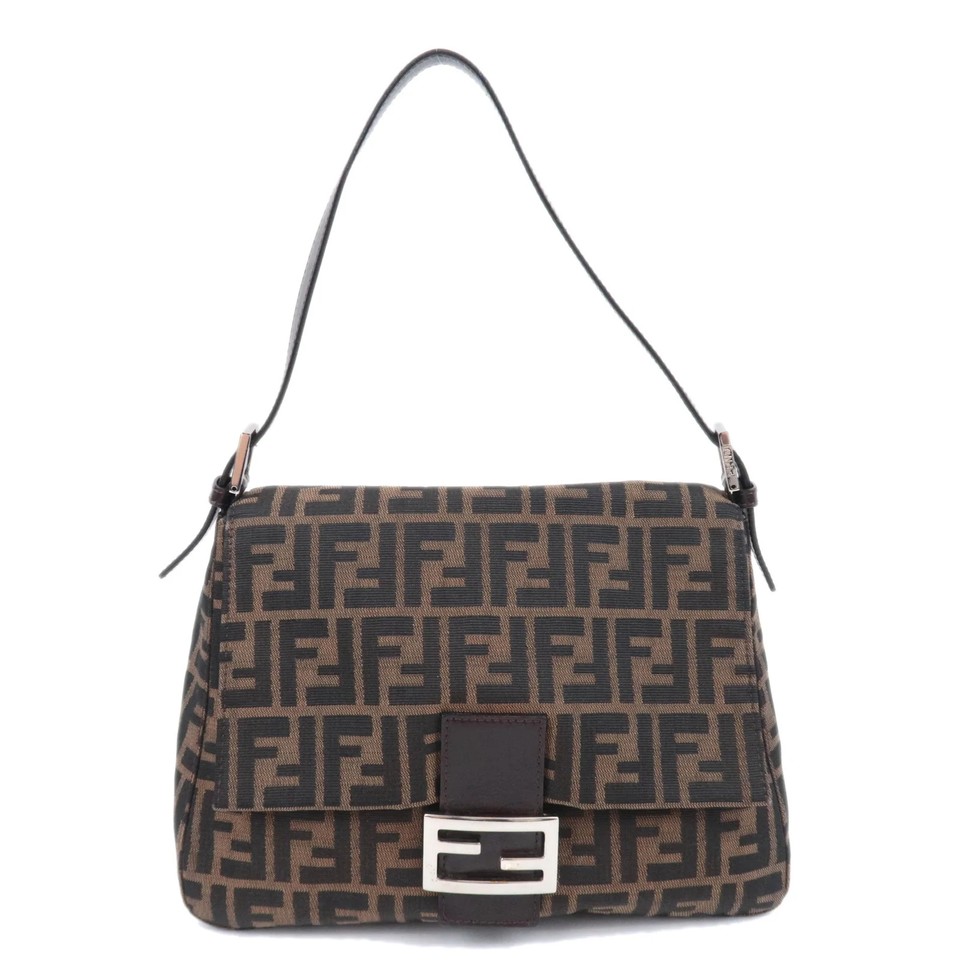 FENDI Zucca Mamma Baguette Bag Canvas Leather Brown Silver HDW 26325 Authentic