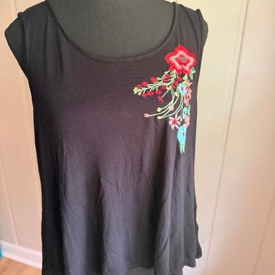 W5 Embroidered Floral Swing Tank Boho Cottagecore Black Sleeveless Top