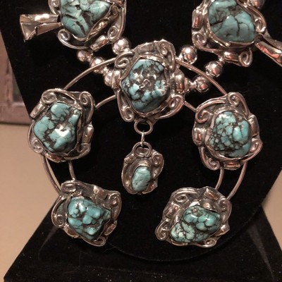 Native Jeweler Genuine ROYSTON Turquoise Nuggets Squash Blossom Necklace