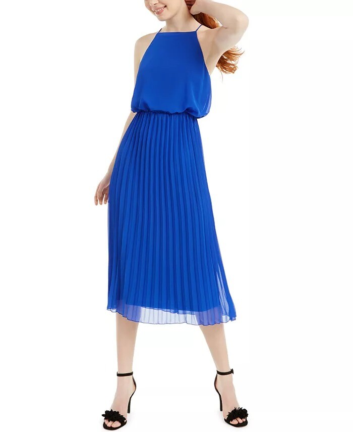blue v neck midi dress Strapless A-Line Midi Dress with Deep V-Neck Wedding Guest Dress