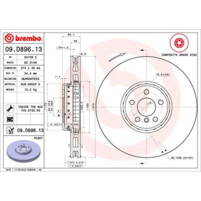 Bremsscheibe BREMBO 09D89613 vorne, belüftet, hochkarbonisiert, 1 Stück