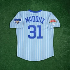 Greg Maddux Chicago Cubs Men's 1970's Wrigley 100th Blue Away Cooperstown Jersey