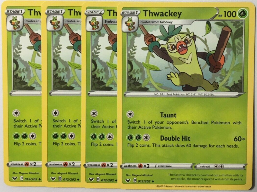 POKEMON 4X THWACKEY 012/202 SWORD & SHIELD UNCOMMON NEAR MINT-PLAYSET
