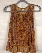 Patrons Of Peace Top Women's S Gold Floral Paisley Rayon Ruffle Sleeveless