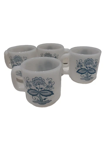 (4) Vintage Blue Floral Glasbake Milk Glass Mug Coffee Tea Cup Made in USA 8oz