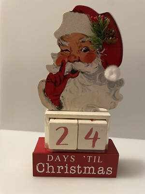 Christmas Countdown Block Calendar Retro Look Santa Face Wooden Holidays Advent