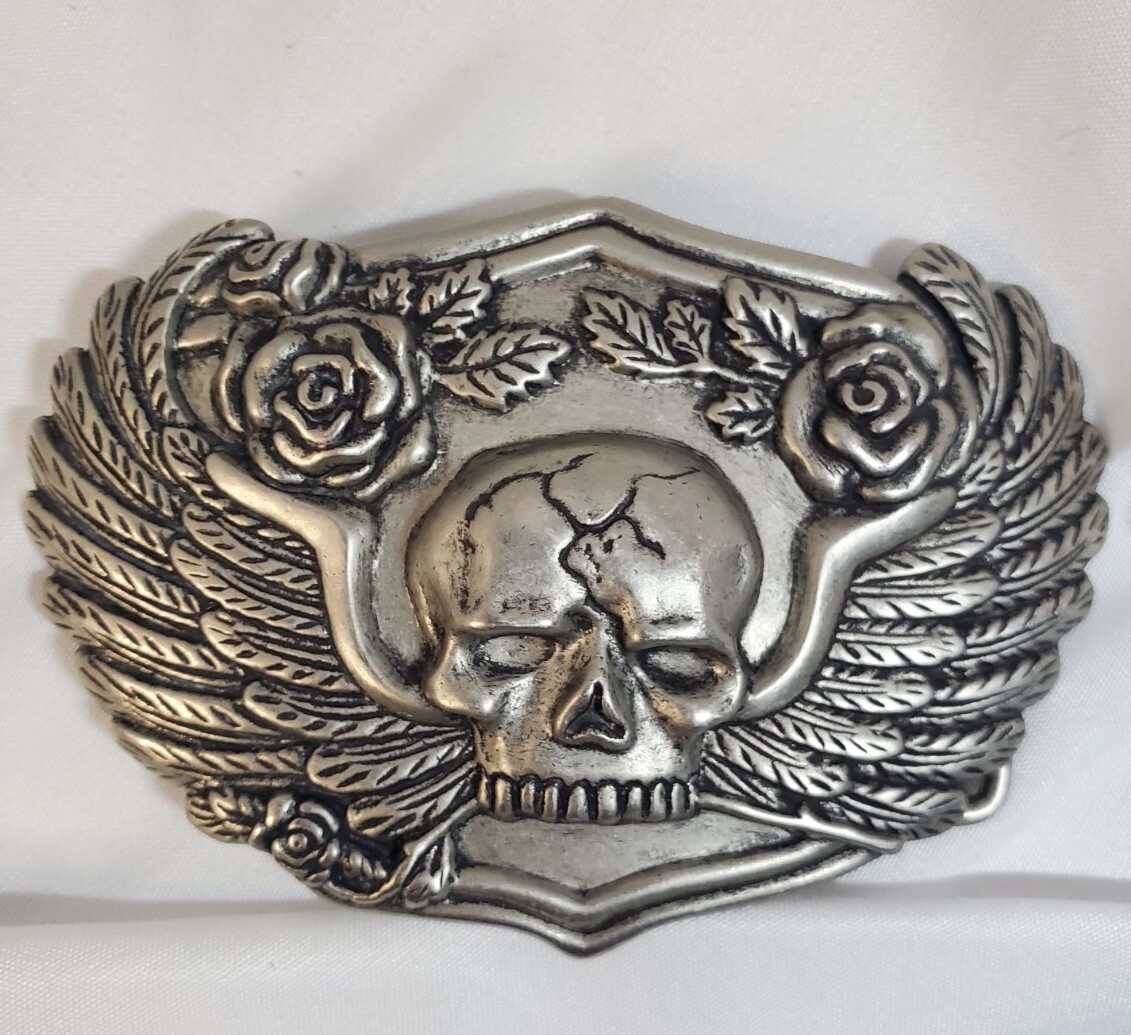 Skull With Wings and Roses Biker Belt Buckle for 1.5