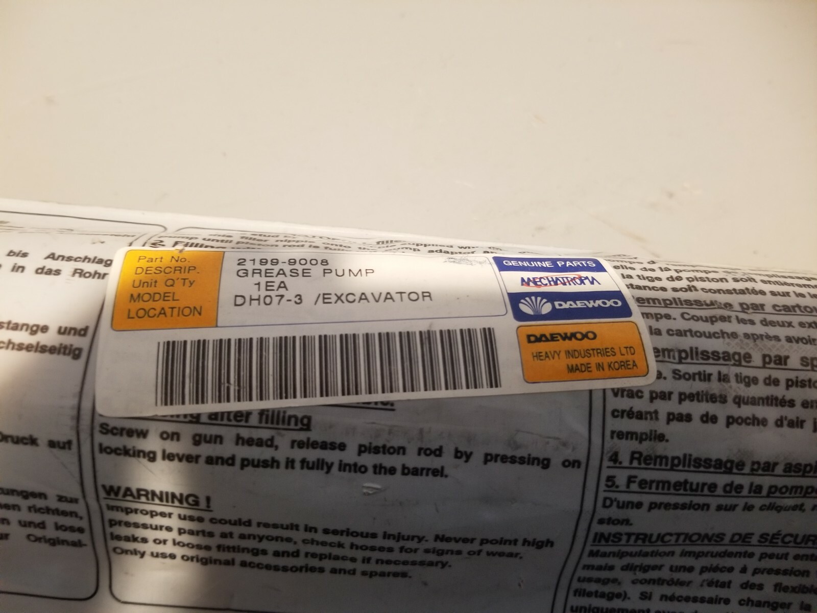 Doosan Grease Gun, 21999008 eBay