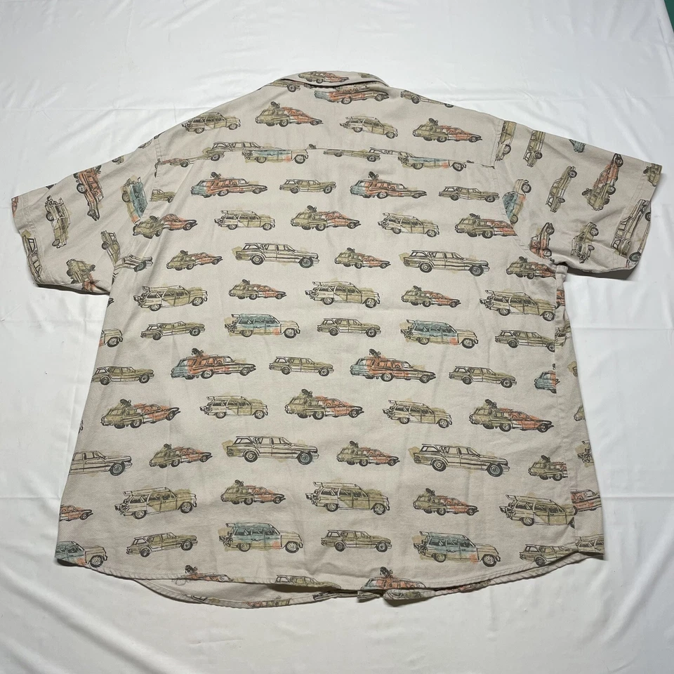 Woolrich Button Up T-Shirt Men’s 2XL Beige Wagon Cars Watercolor Art Hipster Y2K - Image 2 of 4