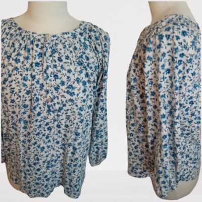 Chaps By Ralph Lauren Peasant Casual Boho white Blue Blouse Knit top S SMALL