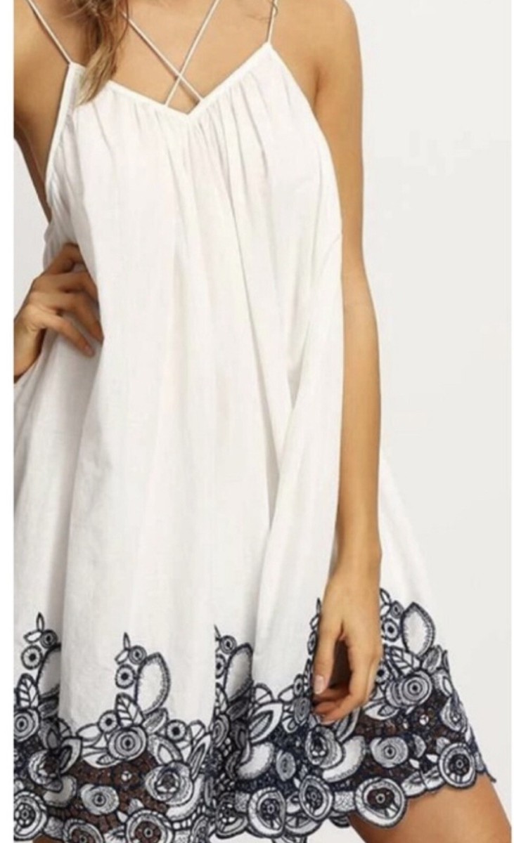 white cotton dress with blue embroidery Rails | Fawn Dress - White Blue Embroidery | Premium Cotton | Size L