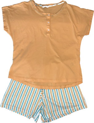 DAGI Youth Girl's Sleepwear Set Shorts/T-Shirt Yellow Green Stripe Size S NWOT