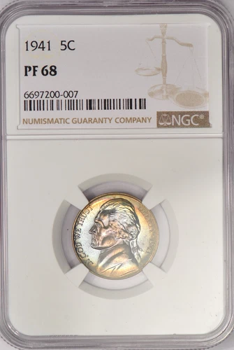 1941 TONED Jefferson Nickel Proof NGC PF 68 PR68 Toning Coin 5C